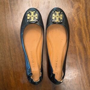 Tory Burch Black Flats with Gold Logo